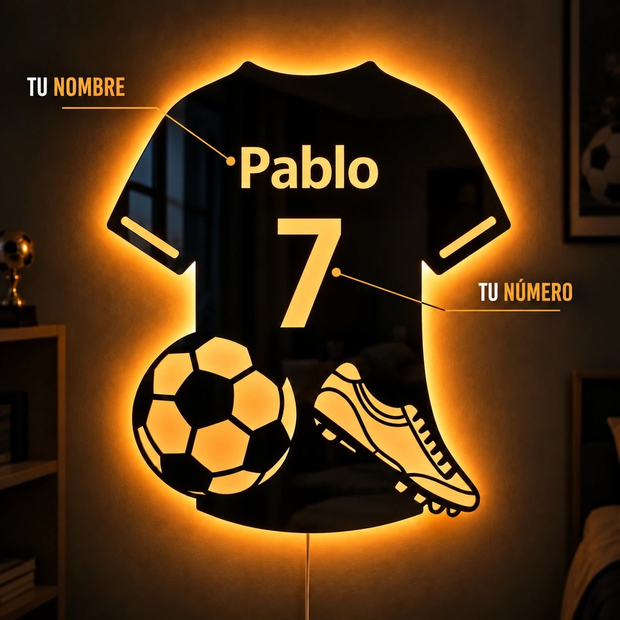 Espejo LED de fútbol personalizado en habitación